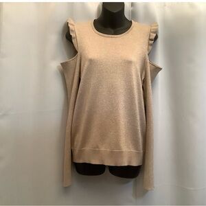DKNY Sweater Women’s Size Large Cold Shoulder Knit Stretchy Metallic Gold